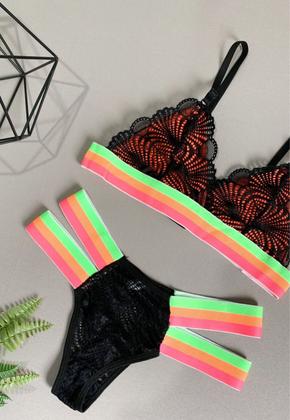 Imagem de Conjunto Lingerie Sem Bojo Calcinha Sutiã Renda Neon Tiras Elástico
