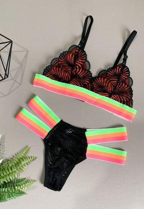 Imagem de Conjunto Lingerie Sem Bojo Calcinha Sutiã Renda Neon Tiras Elástico