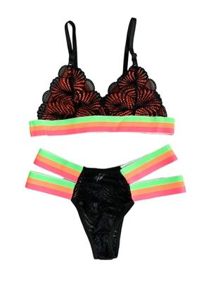 Imagem de Conjunto Lingerie Sem Bojo Calcinha Sutiã Renda Neon Tiras Elástico