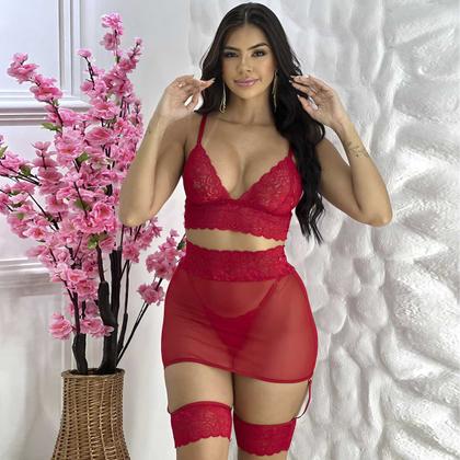 Imagem de Conjunto Lingerie Sensual Com Saia Cinta Liga Renda sexy Luxo 