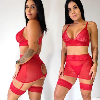 Imagem de Conjunto Lingerie Sensual Com Saia Cinta Liga Renda sexy Luxo 