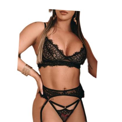 Imagem de Conjunto lingerie sensual cropped em renda tanga com frase