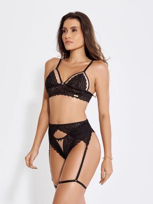 Imagem de Conjunto Lingerie Sensual Luxo Cinta Liga Rendada Pingente