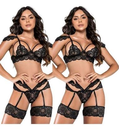 Imagem de Conjunto Lingerie Sexy Sensual Com Perneira Renda Luxo Sex