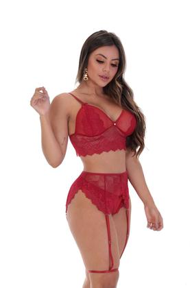 Imagem de Conjunto Lingerie Tule Cinta Liga Sutiã E Calcinha Sexy