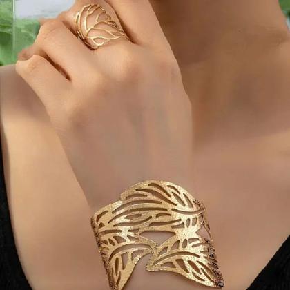 Imagem de Conjunto Luxuoso de Bracelete e Anel Reajustável Banhado a Ouro 18K  Design Folhagem Elegante