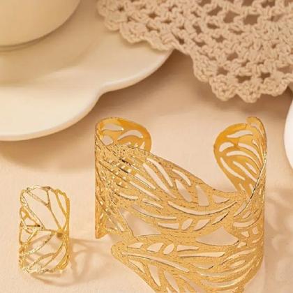 Imagem de Conjunto Luxuoso de Bracelete e Anel Reajustável Banhado a Ouro 18K  Design Folhagem Elegante
