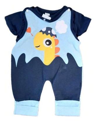 Imagem de Conjunto Macacão + Camiseta Dinossauro Jardineira Urso Bebe Menino Vira Pé Temático Tam RN a 03 Meses