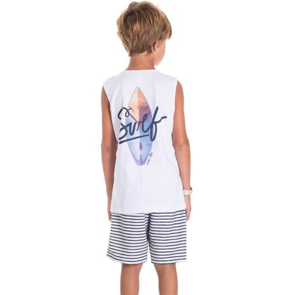 Imagem de Conjunto malha branco casual de verão infantil menino camiseta regata surf + bermuda ecológica