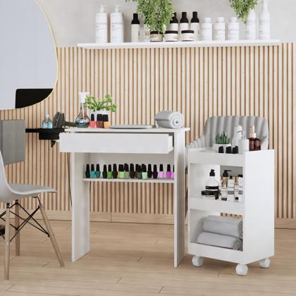Imagem de Conjunto Manicure Kit Mesa com Gaveta e Armário para Esmaltes com Rodinhas