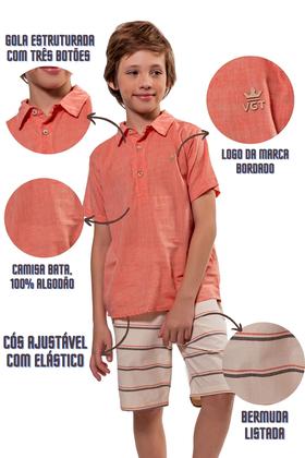 Imagem de Conjunto Masculino Camisa Salmão com Bermuda Listrada Tamanho (1ao12)