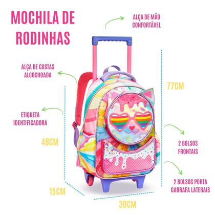 Imagem de Conjunto Material Infantil Escolar Mochila de Rodinhas Lancheira Térmica Estojo Porta Lápis Caneta Estilo Fashion Criança Aula Material Resistente