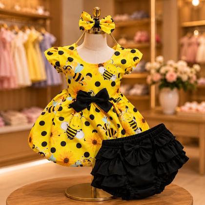Imagem de Conjunto Menina Bebê Carinho Temático Abelhinha Laço de Cabelo Calcinha