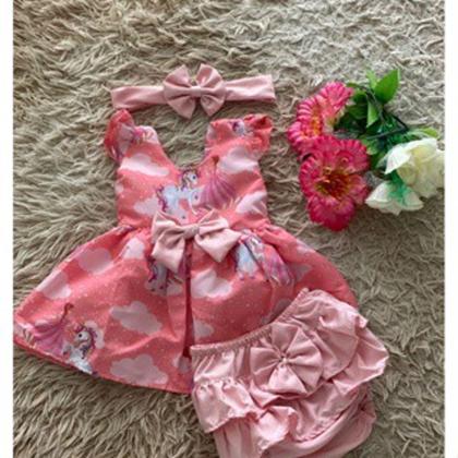 Imagem de Conjunto Menina Bebê Carinho Temático Unicórnio +Laço de Cabelo +Calcinha