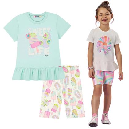 Imagem de Conjunto Menina Blusa Alongada em Meia Malha e Short Biker em Fly Tech Verde Kukiê