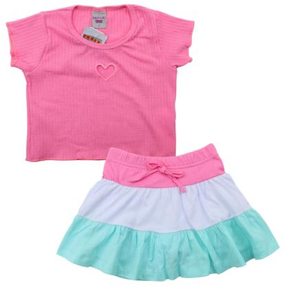 Imagem de Conjunto Menina Cropped Coração Bordado e Short Saia Rosa