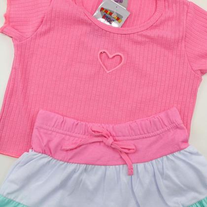 Imagem de Conjunto Menina Cropped Coração Bordado e Short Saia Rosa