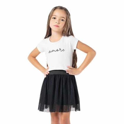 Imagem de Conjunto Meninas Blusa Cropped Branca Amore e Saia Tutu Preta Vrasalon