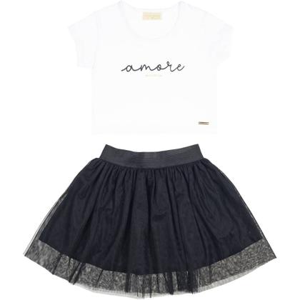 Imagem de Conjunto Meninas Blusa Cropped Branca Amore e Saia Tutu Preta Vrasalon