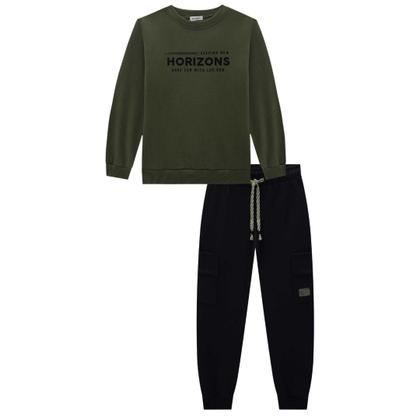 Imagem de Conjunto Menino Infantil Blusão Manga Longa e Calça Jogger em Moletom Pelúcia VERDE/ PRETO -LucBoo