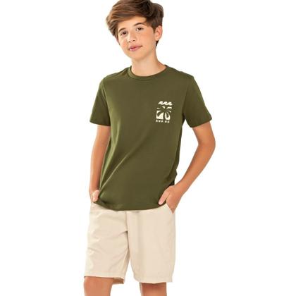 Imagem de Conjunto Menino Juvenil AND.GO Camiseta Algodão Estampa Coqueiro Frente e Costas e Bermuda Malha Cupro Verde/Areia