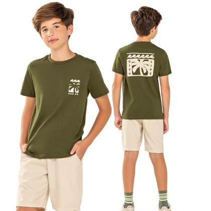 Imagem de Conjunto Menino Juvenil AND.GO Camiseta Algodão Estampa Coqueiro Frente e Costas e Bermuda Malha Cupro Verde/Areia