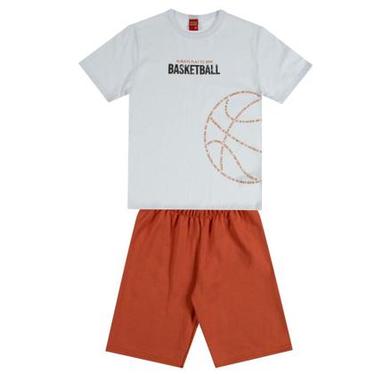 Imagem de Conjunto Menino Kyly Camiseta Algodão com Estampa Basquete Branco e Bermuda Moletom Sem Felpa Laranja Folha