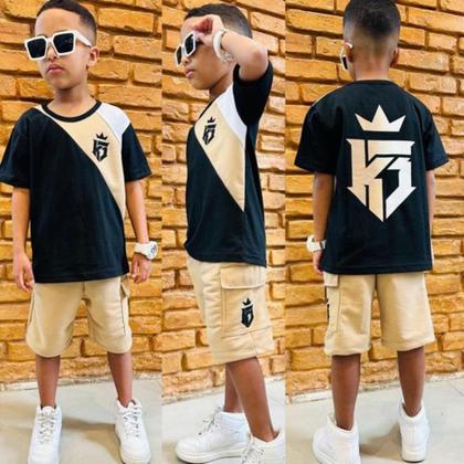 Imagem de Conjunto menino verão masculino infantil menino Kvani Joy camisa e bermuda shorts tamanhos 2 ao 12