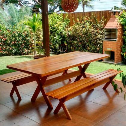 Imagem de Conjunto Mesa 1,6m e 2 Bancos Sem Encosto Madeira Maciça Eucalipto