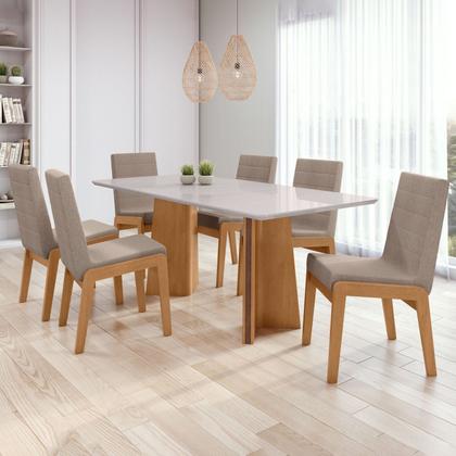 Imagem de Conjunto Mesa 170cm Celina com Vidro e 6 Cadeiras Atla Amêndoa Clean/Off White/ Marrom