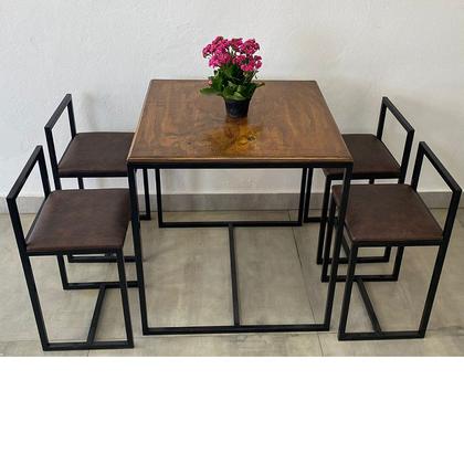 Imagem de Conjunto Mesa 4 Cadeiras Pequena Estofado Marrom Industrial Wood Box