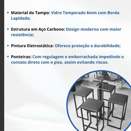 Imagem de Conjunto Mesa Alta Bar Bistrô Quadrada Vidro 4 Bancos Estofado Industrial Black