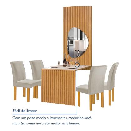 Imagem de Conjunto Mesa Bella Ripada 120cm com Painel Espelhado Tampo Bella com Vidro 4 Cadeiras Canela
