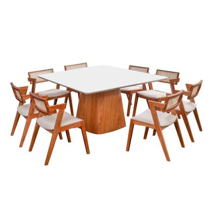 Imagem de Conjunto Mesa Bérgamo com 8 Cadeiras Madeira Maciça, Estofada e Rattan de Fibra 100% Natural Verona