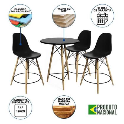 Imagem de Conjunto Mesa Bistrô Eames Eiffel Preta Com 3 Banquetas Pretas De Madeira - Cor: Preto