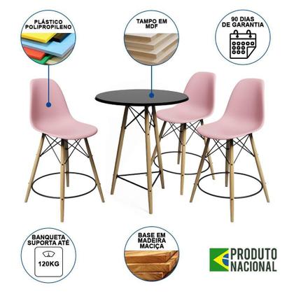 Imagem de Conjunto Mesa Bistrô Eames Eiffel Preta Com 3 Banquetas Rosas De Madeira - Cor: Preto