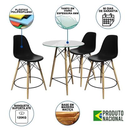 Imagem de Conjunto Mesa Bistrô Eames Eiffel Vidro Com 3 Banquetas Pretas De Madeira - Cor: Preto