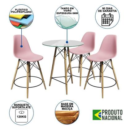 Imagem de Conjunto Mesa Bistrô Eames Eiffel Vidro Com 3 Banquetas Rosas De Madeira - Cor: Rosa