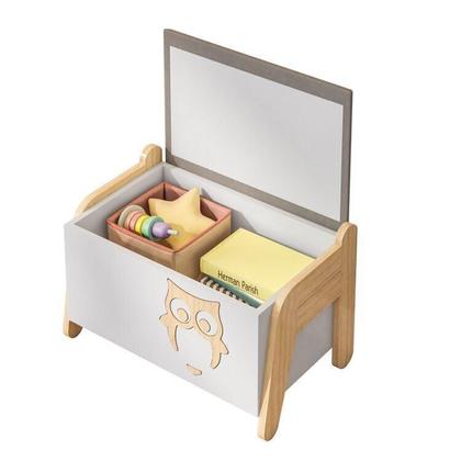 Imagem de Conjunto Mesa com Cadeira e Baú Infantil Corujinha Casatema Branco/Natural