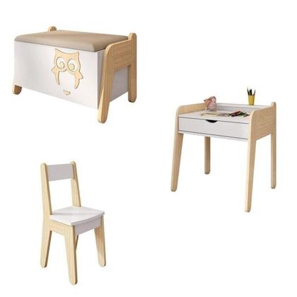 Imagem de Conjunto Mesa com Cadeira e Baú Infantil Corujinha Casatema Branco/Natural