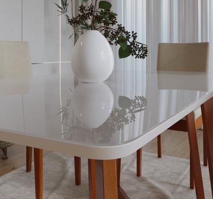 Imagem de Conjunto Mesa Com Vidro Pés Madeira Maciça 6 Cadeiras Madeira Dakota Tecido A40