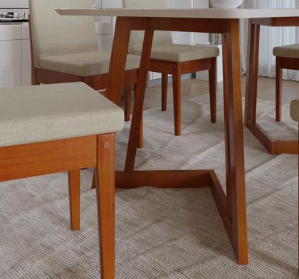Imagem de Conjunto Mesa Com Vidro Pés Madeira Maciça 6 Cadeiras Madeira Dakota Tecido A40