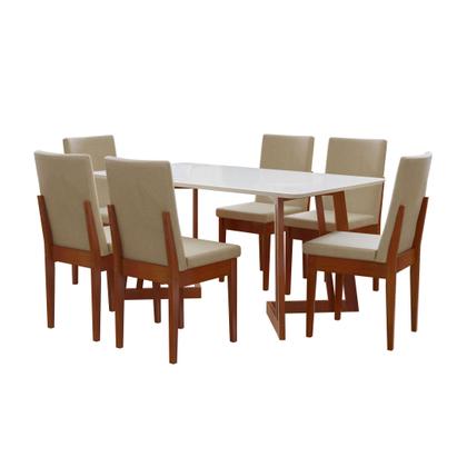 Imagem de Conjunto Mesa Com Vidro Pés Madeira Maciça 6 Cadeiras Madeira Dakota Tecido A40