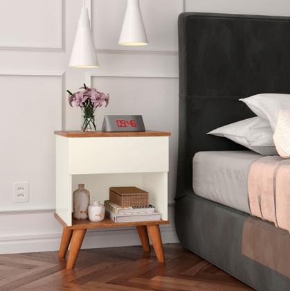 Imagem de Conjunto Mesa de Cabeceira Duda com 1 gaveta 1 nicho pés em madeira maciça - Off White com freijó