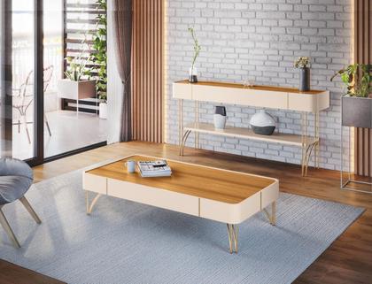 Imagem de Conjunto Mesa De Centro Cadenza C/ Aparador Vivant P/ Sala Estar Escritório Área Gourmet Pés De Aço Maciço 1 Prateleira