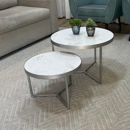 Imagem de Conjunto Mesa de Centro Redonda Dallas Marmorizado Branco