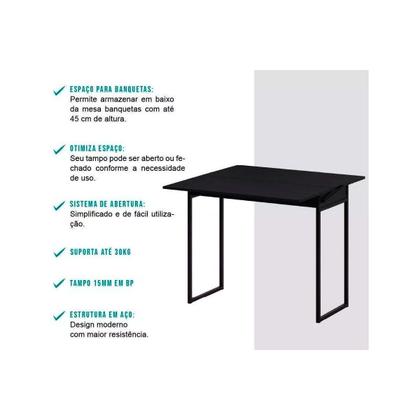 Imagem de Conjunto: Mesa de Cozinha Dobrável 1590 c/ 2 Banquetas Preto - Carraro