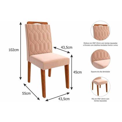 Imagem de Conjunto: Mesa de Cozinha Ester Tampo Madeirado c/ Vidro 180x90cm e 6 Cadeiras Paola Cinamomo/Off White - Carvalho/Linho Grafite - Cimol