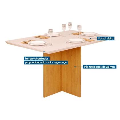 Imagem de Conjunto: Mesa de Cozinha Italia c/ Tampo Madeirado c/ Vidro 120x90cm e 4 Cadeiras Talia Cedro/Off White - Suede Creme - DJ Móveis