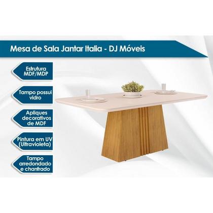 Imagem de Conjunto: Mesa de Cozinha Itália Tampo Madeirado c/ Vidro Curvo 170x90cm e 6 Cadeiras Ondina Cedro/Off White - Suede Lunar - DJ Móveis